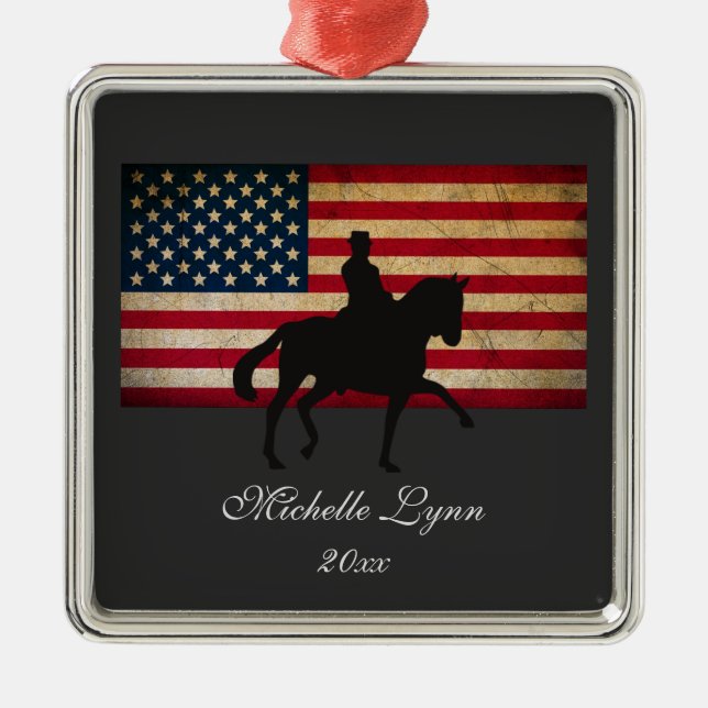 Silhouette Dressage Horse and American Flag USA Metal Tree Decoration (Front)