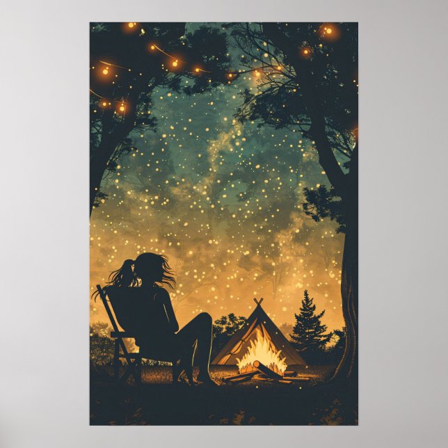 Silhouette Girl Night Camping Adventure Poster (Front)