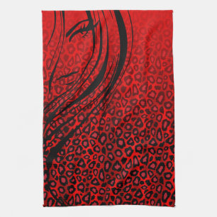 Silhouette Girl   Red Leopard Animal Print Tea Towel