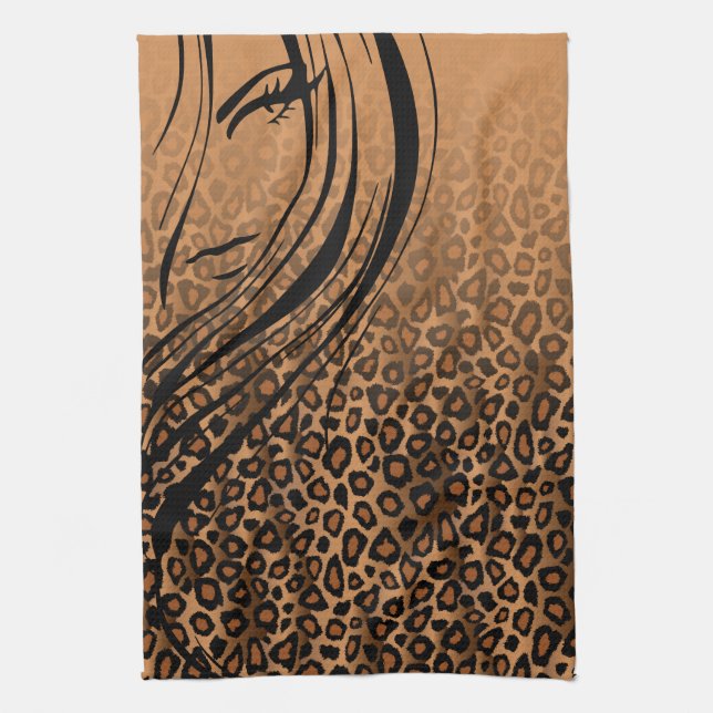 Silhouette Girl | Tan Leopard Animal Print Tea Towel (Vertical)