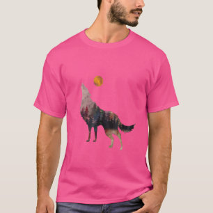 Silhouette howling wolf forest with full moon and  T-Shirt