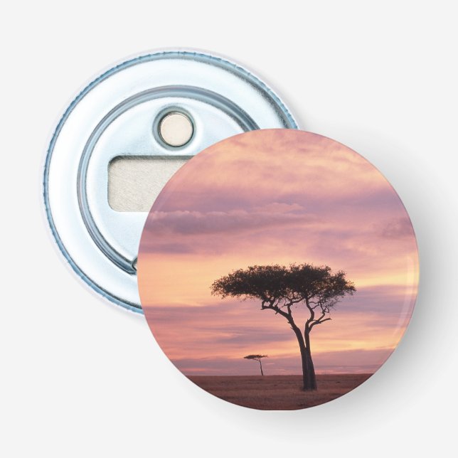 Silhouette image of acacia tree at sunrise bottle opener (Front)