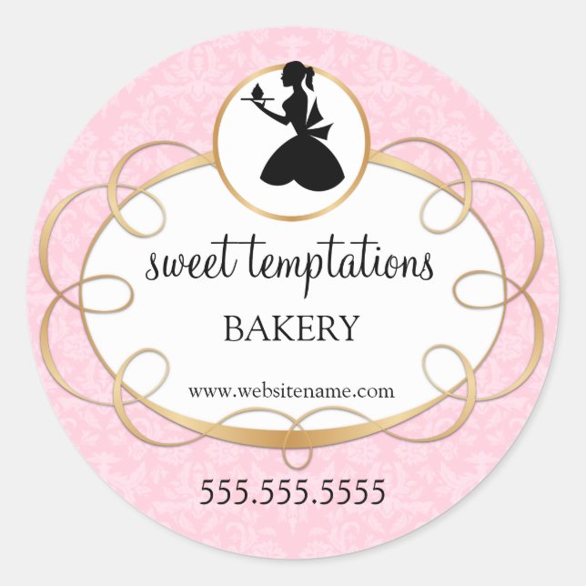 Silhouette Lady and Cupcake Bakery Packaging Classic Round Sticker (Front)