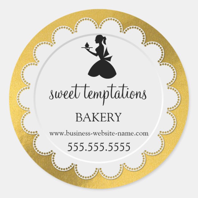 Silhouette Lady Cupcake Faux Gold Foil Bakery Classic Round Sticker (Front)