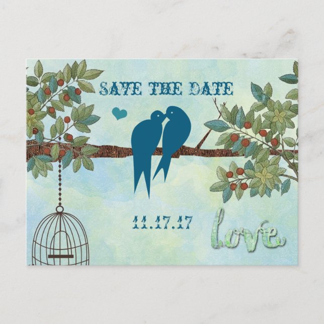 Silhouette Love Birds Bird Cage Tree Save the Date Announcement Postcard (Front)