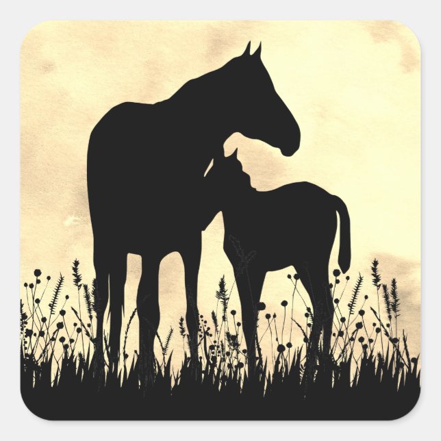 Silhouette Mare and Foal in Field Horse Square Sticker (Front)