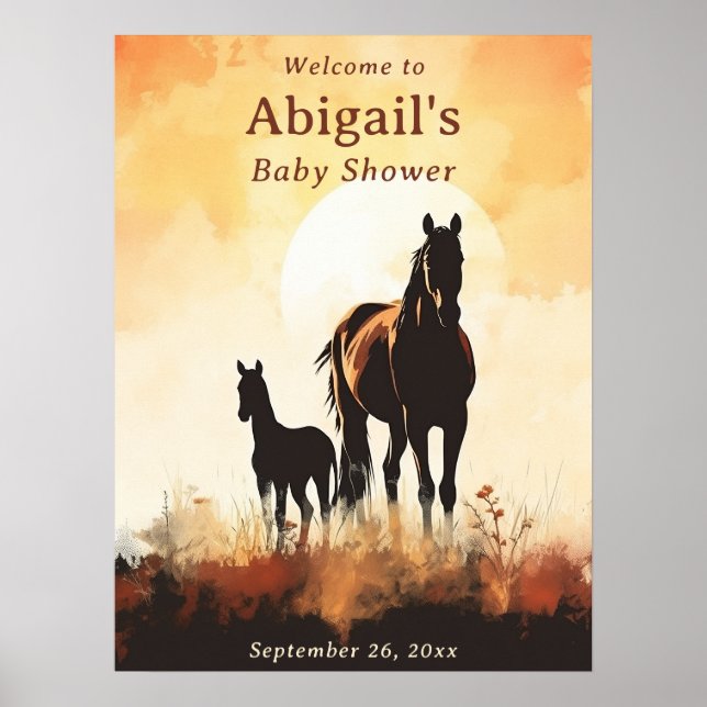 Silhouette Mare and Foal Sunset Horse Baby Shower Poster (Front)