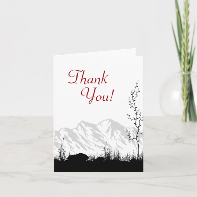 Silhouette Mountain Black, White and Red Thank You Card (Front)