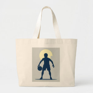 silhouette of a basketball player holding a ball large tote bag