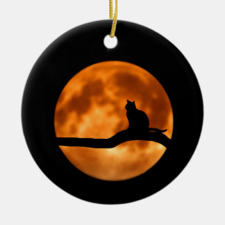 Silhouette of a Black Cat in a Tree Ceramic Tree Decoration