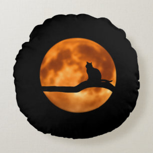 Silhouette of a Black Cat in a Tree Round Cushion