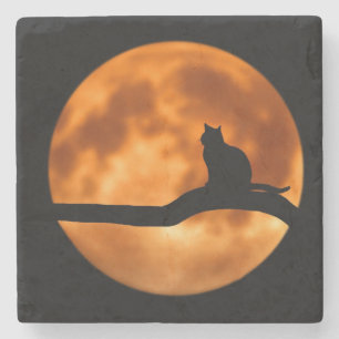 Silhouette of a Black Cat in a Tree Stone Coaster