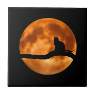Silhouette of a Black Cat in a Tree Tile