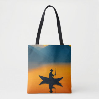 Silhouette of a Boatman at Sunset – Asian Minimali Tote Bag