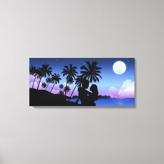 Silhouette of a couple embracing on the beach canvas print (Front)