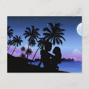 Silhouette of a couple embracing on the beach postcard