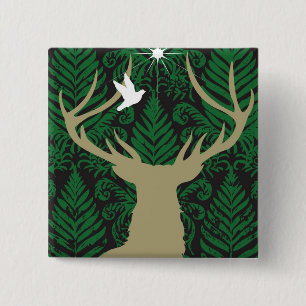 Silhouette of a deer, a dove and a star against a 15 cm square badge
