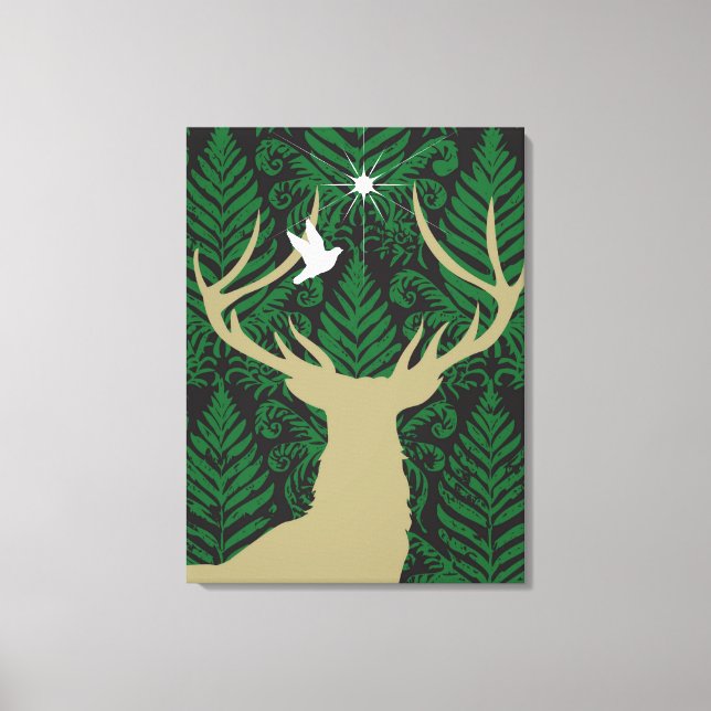 Silhouette of a deer, a dove and a star against a canvas print (Front)