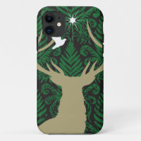 Silhouette of a deer, a dove and a star against a
