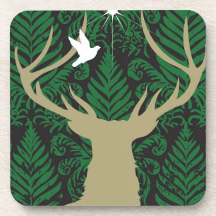 Silhouette of a deer, a dove and a star against a coaster