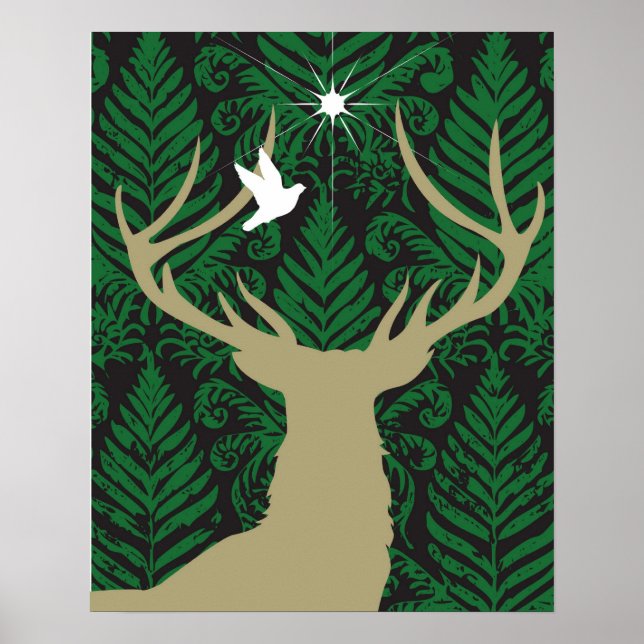 Silhouette of a deer, a dove and a star against a poster (Front)
