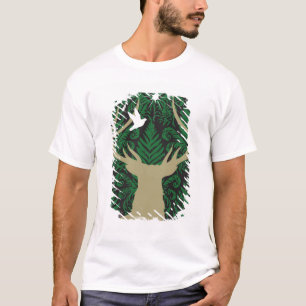 Silhouette of a deer, a dove and a star against a T-Shirt