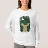 Silhouette of a deer, a dove and a star against a