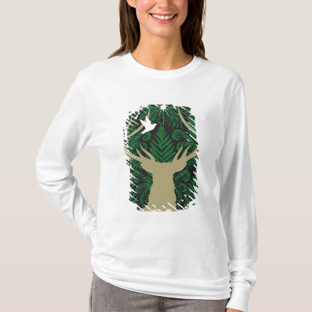 Silhouette of a deer, a dove and a star against a T-Shirt (Front)