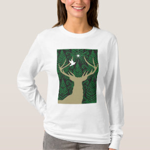Silhouette of a deer, a dove and a star against a T-Shirt