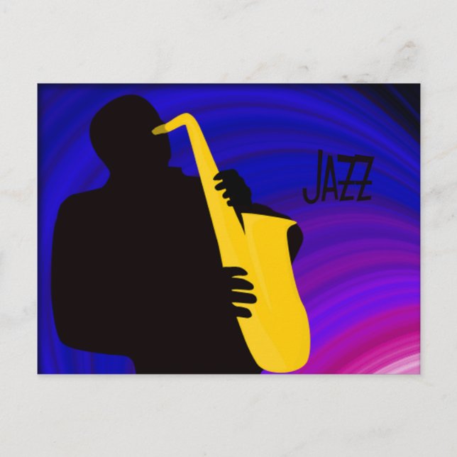 Silhouette of a jazz player, blue & purple postcard (Front)