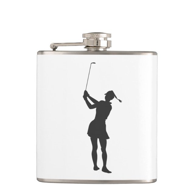 Silhouette of a woman playing golf hip flask (Front)