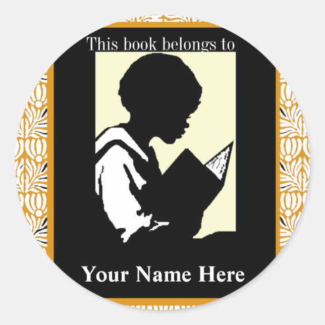 Silhouette of Boy Reading ~ Bookplate Classic Round Sticker (Front)
