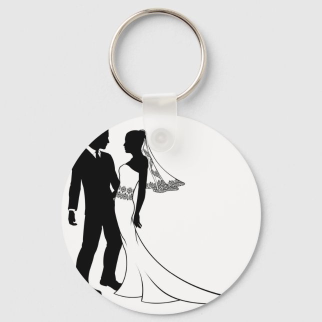 Silhouette of bride and groom wedding couple key ring (Front)