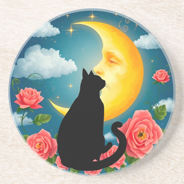 Silhouette Of Cat Sitting Before Moon Coaster (Front)