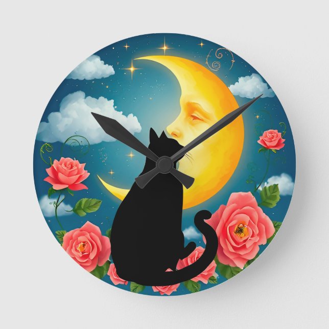 Silhouette Of Cat Sitting Before Moon Round Clock (Front)