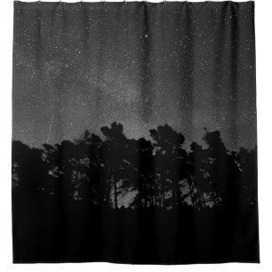 SILHOUETTE OF FOREST DURING NIGHTTIME SHOWER CURTAIN