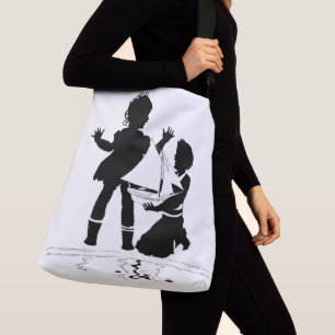 silhouette of girl and boy and model boat crossbody bag