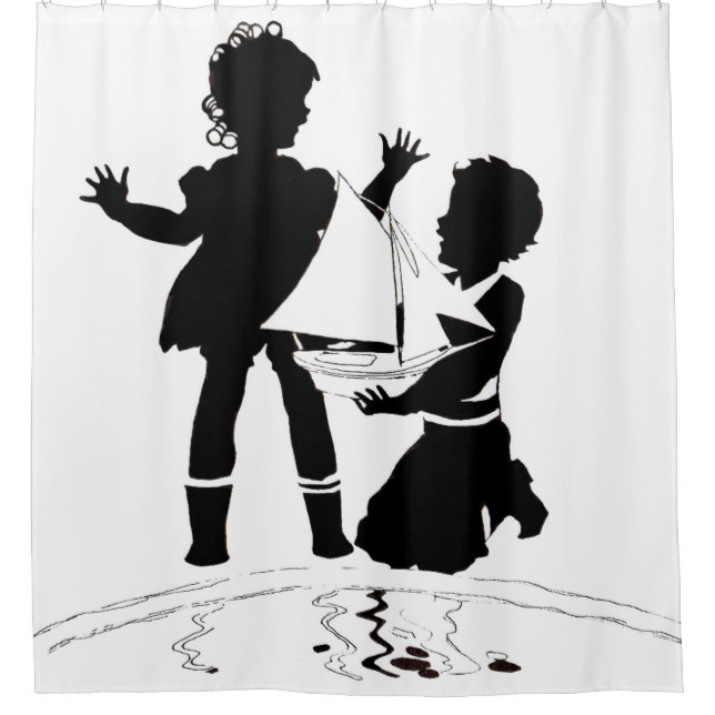 silhouette of girl and boy and model boat shower curtain (Front)