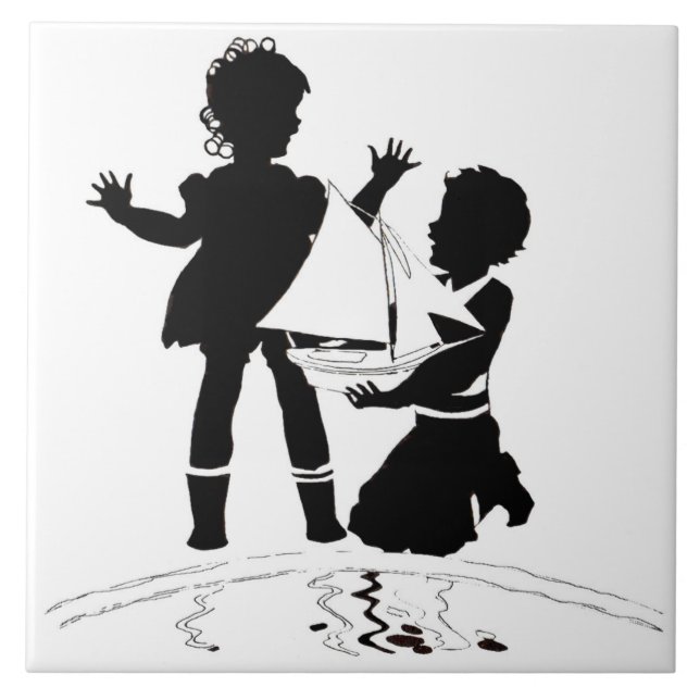 silhouette of girl and boy and model boat tile (Front)