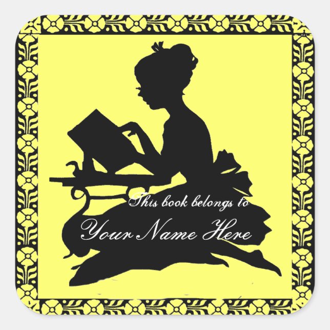 Silhouette of Girl Reading - Square Lemon Yellow Square Sticker (Front)