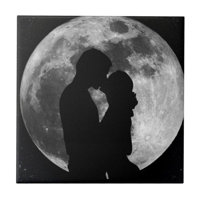 Silhouette of lovers in a full moon at night tile (Front)