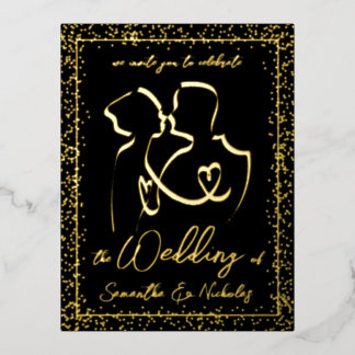 Silhouette of Lovers in Black & Gold Wedding Foil Invitation Postcard