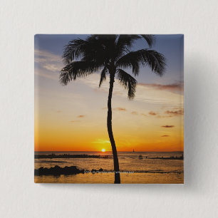 Silhouette of one Palm Tree by a Red Orange Sunset 15 Cm Square Badge