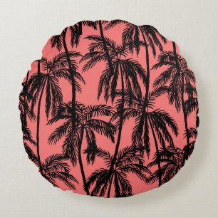 Silhouette of palm trees on a pink background. Sea Round Cushion