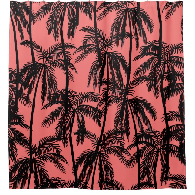 Silhouette of palm trees on a pink background. Sea Shower Curtain (Front)