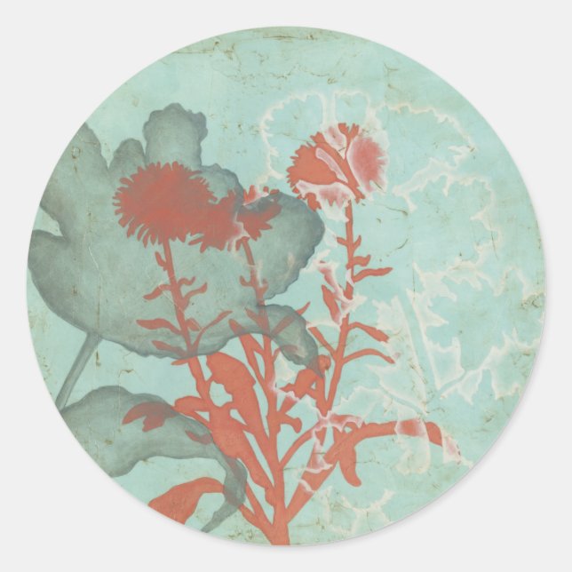 Silhouette of Red Flowers on Teal Background Classic Round Sticker (Front)