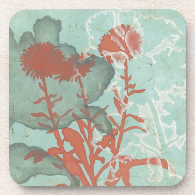 Silhouette of Red Flowers on Teal Background Coaster (Front)