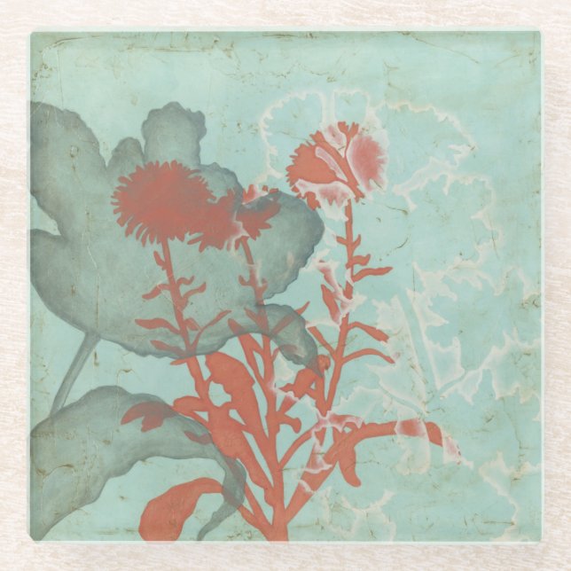 Silhouette of Red Flowers on Teal Background Glass Coaster (Front)