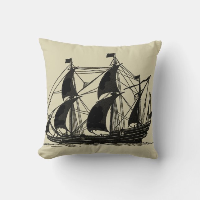 Silhouette of Ship with Billowing Sails Cushion (Front)