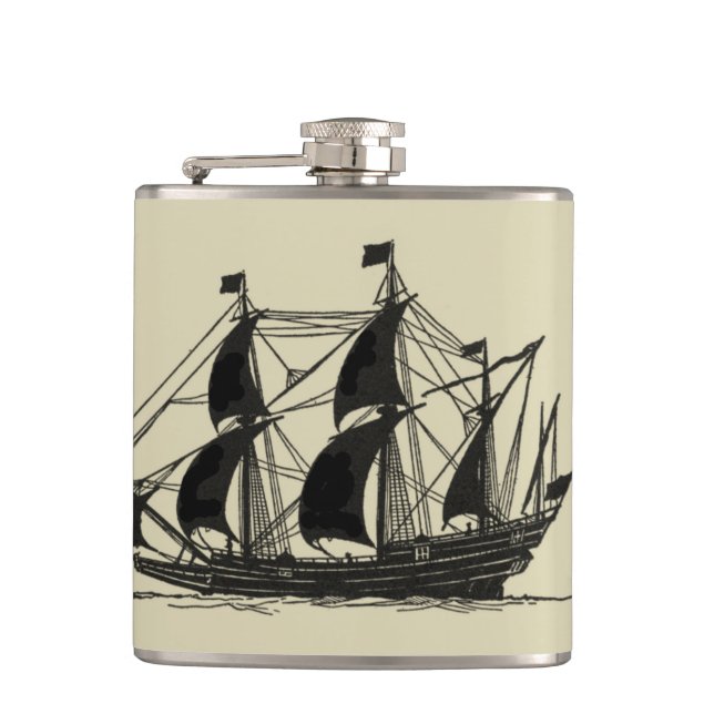 Silhouette of Ship with Billowing Sails Hip Flask (Front)